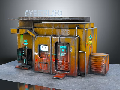 Future Architecture Cyberloo Themed Futuristic Structure with Yellow Orange Metal Pipes Graffiti and Neon Lights 3d model