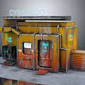 Future Architecture Cyberloo Themed Futuristic Structure with Yellow Orange Metal Pipes Graffiti and Neon Lights