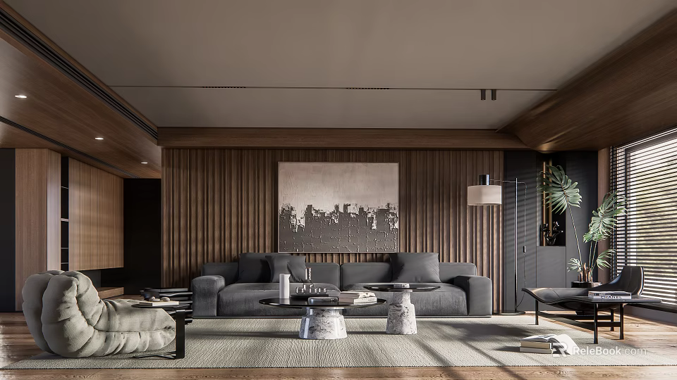 Modern Living Room Interior With Wooden Walls Large Painting Gray Sofa And Round Coffee Tables 3d model 