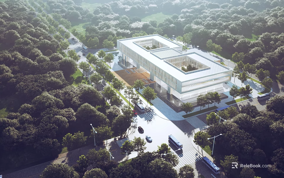 Aerial Planning of Modern Architectural Complex With Surrounding Greenery and Road Networks 3d model 