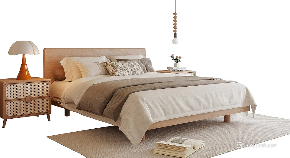 Neutral Tones Modern Double Bed With Wooden Headboard Linen Bedding Nightstand And Pendant Light 3d model 