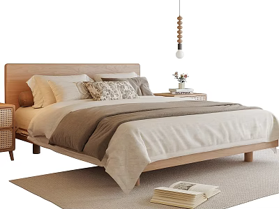 Neutral Tones Modern Double Bed With Wooden Headboard Linen Bedding Nightstand And Pendant Light 3d model