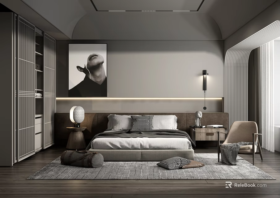 Modern Bedroom Interior Design With Large Bed Bedside Tables Table Lamps Wall Art And Rug 3d model 