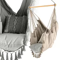 Bohemian Style Hanging Chair With Linen Fabric Soft Pillows Tassel Details And Wooden Hanging Rod