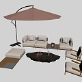 Outdoor Sofa Set With Pink Umbrella Fire Pit Coffee Table And Chairs 3d model