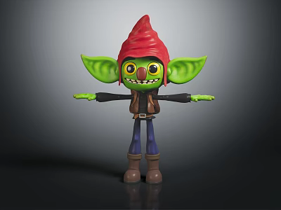 Green Creature Character With Red Pointed Hat Big Yellow Eyes Brown Vest And Outstretched Arms 3d model