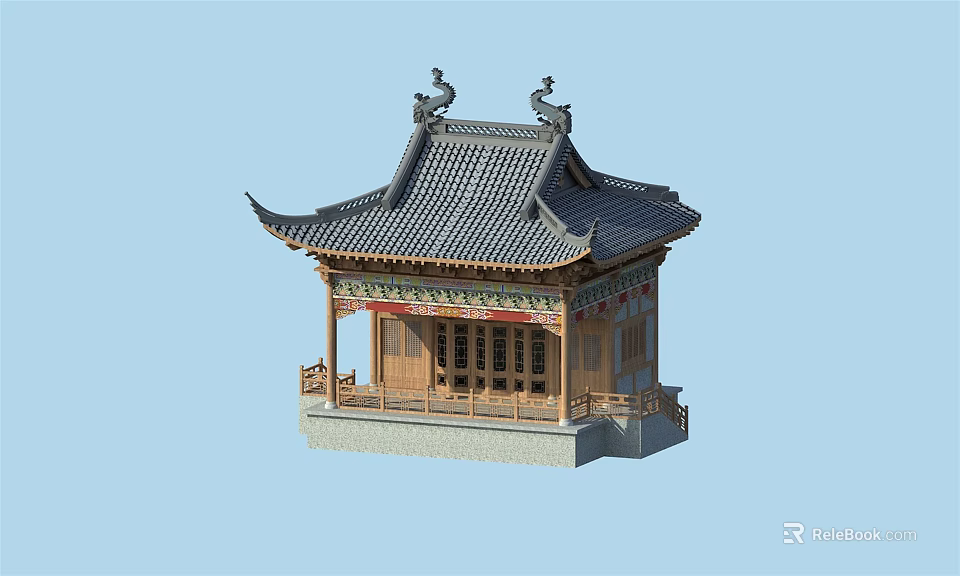 Traditional Chinese Ancient Architecture Pavilion With Overhanging Eaves Tiled Roof And Carved Decorations 3d model 