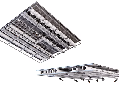 Contemporary Metal Grid Suspended Ceiling With Lighting Fixtures And Ventilation Ducts 3d model