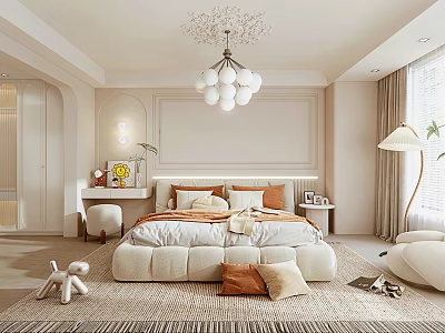Elegant Bedroom Interior Design With Upholstered Bed Ball Shaped Chandelier Woven Rug And Curtains 3d model