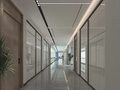 Modern Office Corridor With Glass Partitions Wooden Doors Sleek Flooring Ceiling Lights And Green Plants 3d model