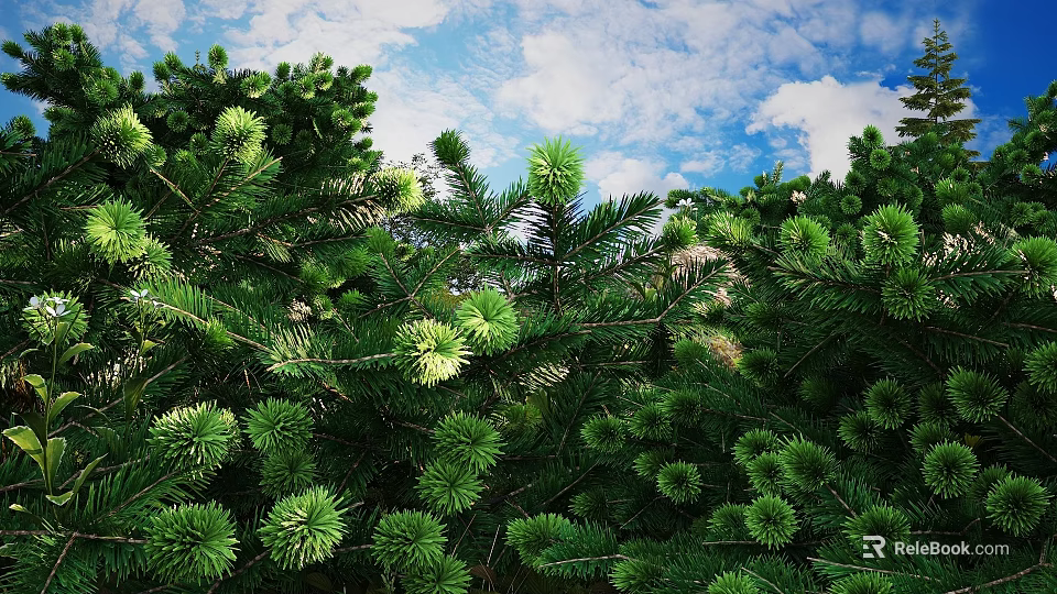 Lush Green Shrubs With Dense Foliage Under Blue Sky And White Clouds 3d model 