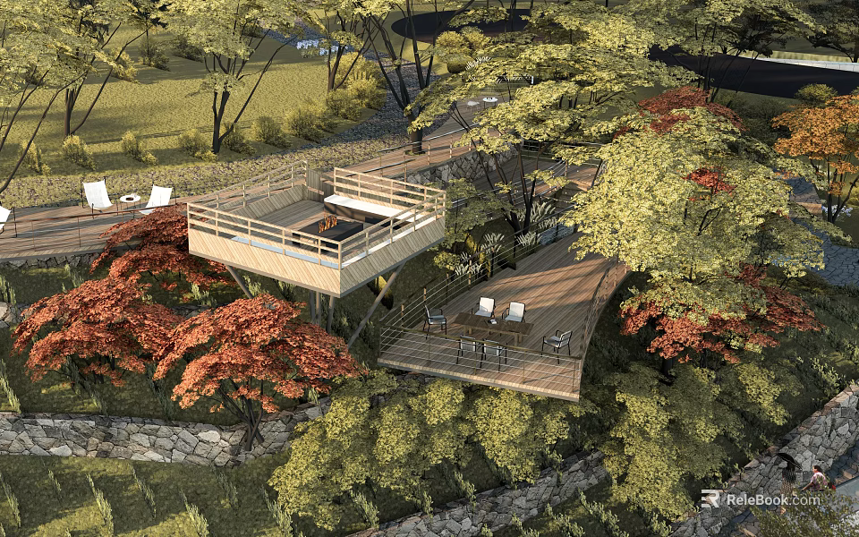 Park Landscape With Wooden Viewing Platform Surrounding Trees Red Leaves Stone Wall And Tables Chairs 3d model 