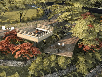 Park Landscape With Wooden Viewing Platform Surrounding Trees Red Leaves Stone Wall And Tables Chairs 3d model