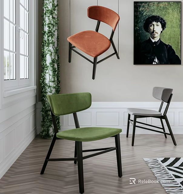 Green Orange Gray Leisure Chairs In Indoor Room With Window Plant Painting Decor 3d model 