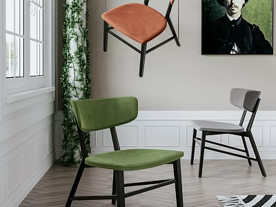 Green Orange Gray Leisure Chairs In Indoor Room With Window Plant Painting Decor 3d model