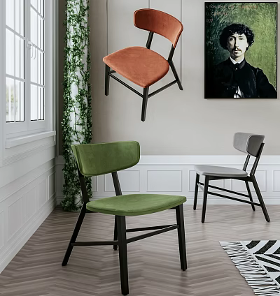 Green Orange Gray Leisure Chairs In Indoor Room With Window Plant Painting Decor 3d model