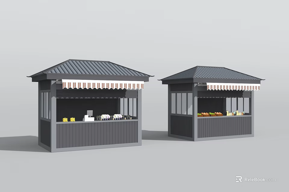 Two Gray Kiosks With Striped Awnings And Displayed Goods In Outdoor Scene 3d model 