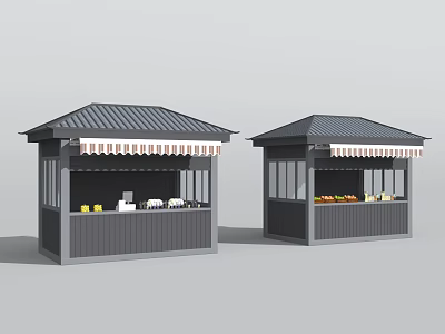 Two Gray Kiosks With Striped Awnings And Displayed Goods In Outdoor Scene 3d model