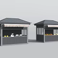 Two Gray Kiosks With Striped Awnings And Displayed Goods In Outdoor Scene