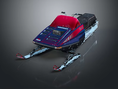 Snowy Winter Outdoor Landscape Featuring Red And Blue Snowmobile With Skis 3d model