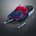 Snowy Winter Outdoor Landscape Featuring Red And Blue Snowmobile With Skis