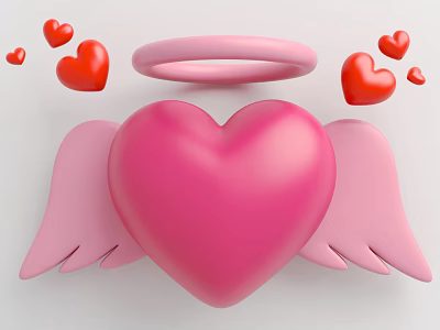 Cute Pink Heart With Angel Wings And Halo Surrounded By Red Hearts 3d model Cute Pink Heart With Angel Wings And Halo Surrounded By Red Hearts 3d model