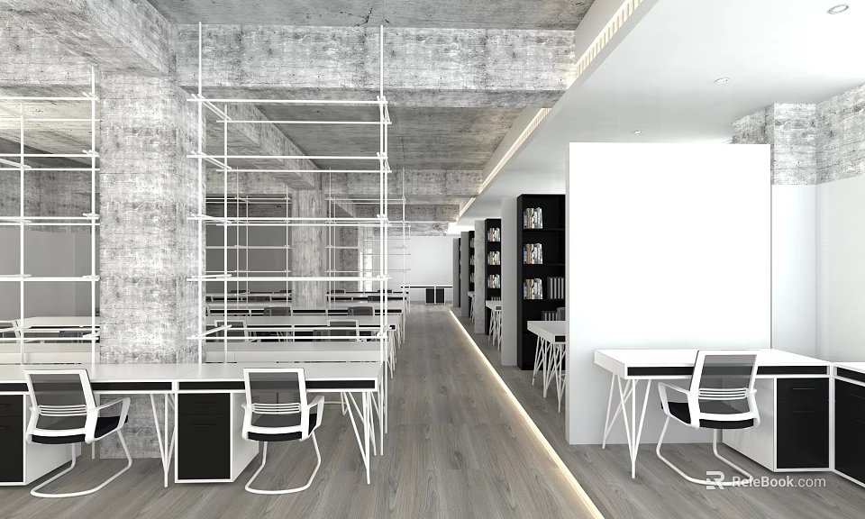 Modern Public Office Space Design With Open Layout White Desks And Metal Framework 3d model 