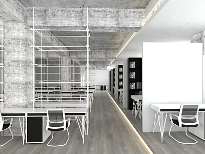 Modern Public Office Space Design With Open Layout White Desks And Metal Framework 3d model