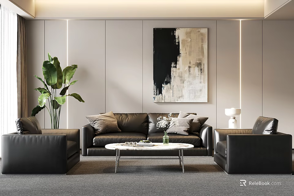 Modern Black Leather Sofa And White Coffee Table Set With Green Plant And Abstract Painting 3d model 