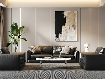 Modern Black Leather Sofa And White Coffee Table Set With Green Plant And Abstract Painting 3d model