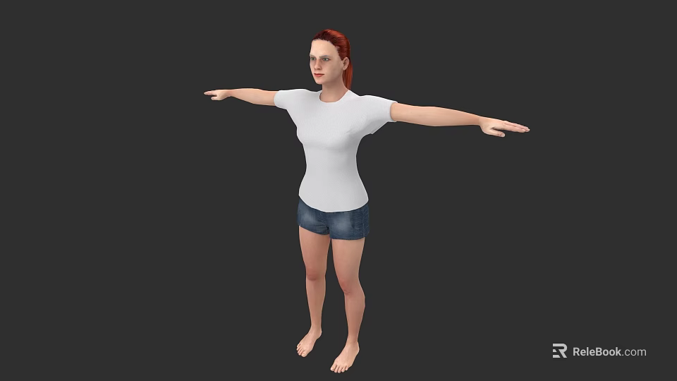 Red Haired Woman in White T-Shirt and Denim Shorts Arms Outstretched Barefoot Against Dark Background 3d model 