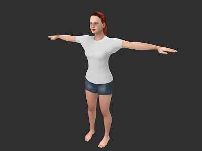 Red Haired Woman in White T-Shirt and Denim Shorts Arms Outstretched Barefoot Against Dark Background 3d model