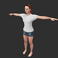 Red Haired Woman in White T-Shirt and Denim Shorts Arms Outstretched Barefoot Against Dark Background