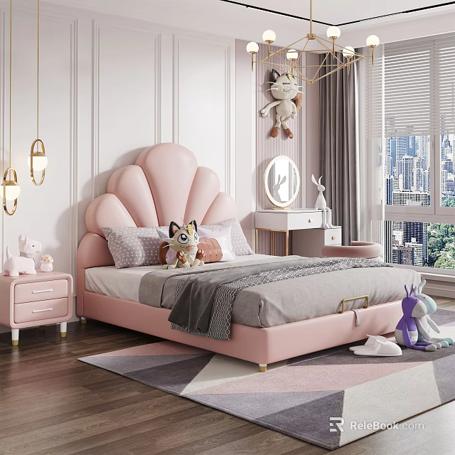 Pink Shell Shaped Headboard Kids Room With Stuffed Toys And Bedside Table 3d model 