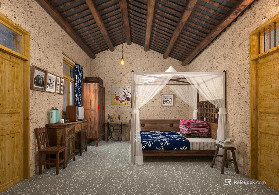 Traditional Room Interior With Canopy Bed Wooden Furniture And Decorative Paintings 3d model 