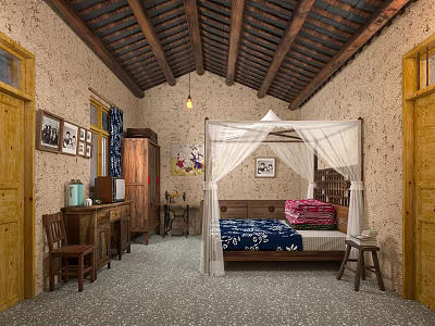 Traditional Room Interior With Canopy Bed Wooden Furniture And Decorative Paintings 3d model