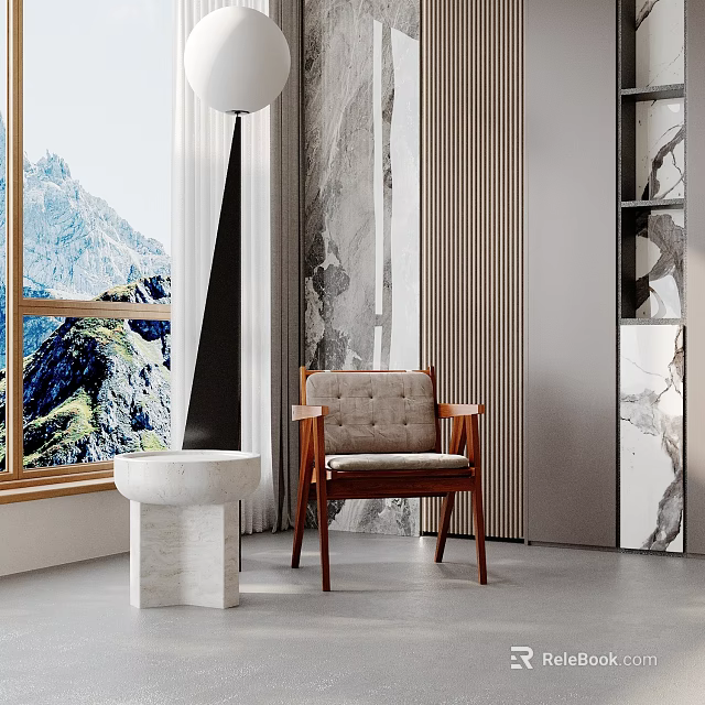 Modern Interior Space With Wooden Chair Stone Stool And Mountain View Through Large Window 3d model 
