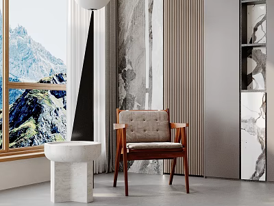 Modern Interior Space With Wooden Chair Stone Stool And Mountain View Through Large Window 3d model