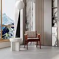 Modern Interior Space With Wooden Chair Stone Stool And Mountain View Through Large Window