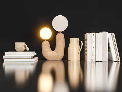 Modern Decorative Ornament Combination With U Shaped Sculpture Round Lamp Beige Kettle Books And Mug 3d model