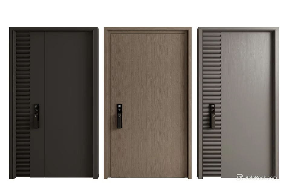 Modern Security Doors Featuring Black Wooden Gray Panel Designs And Secure Locks 3d model 