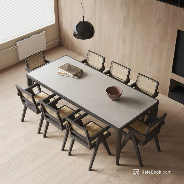 Modern Dining Table Set With Six Wooden Chairs Bowl Books And Black Pendant Light 3d model 