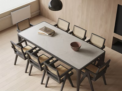 Modern Dining Table Set With Six Wooden Chairs Bowl Books And Black Pendant Light 3d model