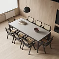 Modern Dining Table Set With Six Wooden Chairs Bowl Books And Black Pendant Light