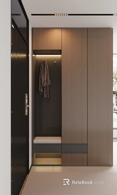 Modern Entryway Hallway Interior With Dark Door Brown Coat Hanging And Wooden Ribbed Cabinets 3d model 