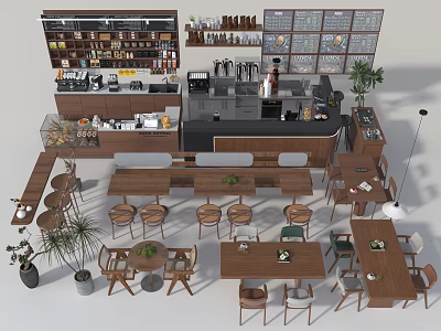 Modern Cafe Interior Design With Bar Counter Wooden Tables Chairs And Green Plants 3d model