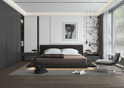 Simple black and white gray bedroom 3d model