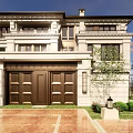 Elegant Traditional Townhouse Exterior With Stone Facade Dark Roof Courtyard Greenery And Outdoor Lighting