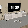 Modern White TV Stand With Flat Screen TV Decorative Items And Floor Lamp