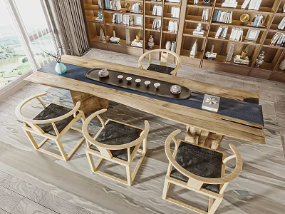 Wooden Tea Table and Chairs With Bookshelves Scenic Window View and Tea Sets 3d model